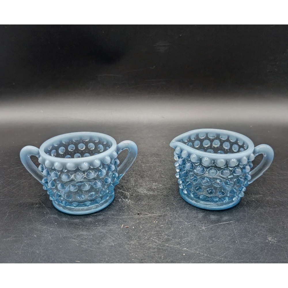 Fenton Blue Opalescent Hobnail Glass Creamer and Open Sugar Bowl Set Vintage MCM